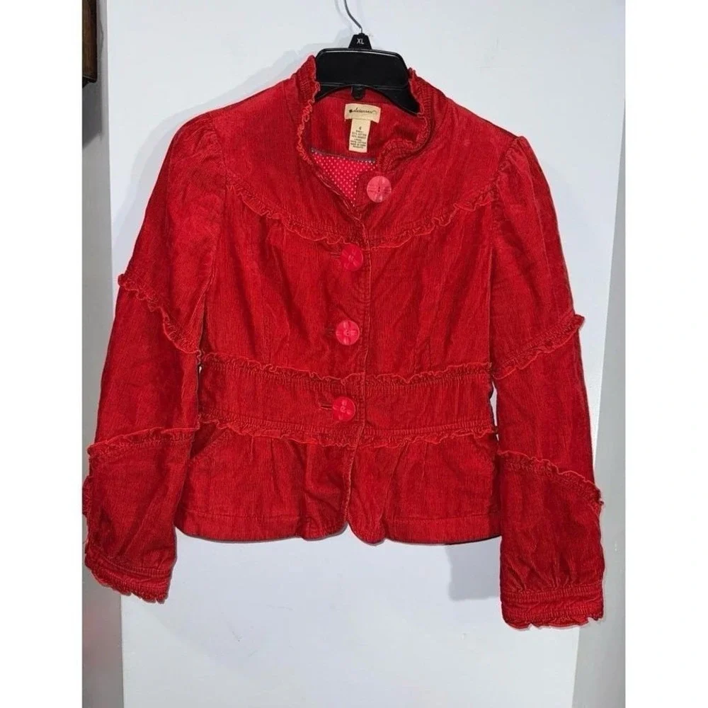 Elevenses by Anthropologie red corduroy‎ large button front ruffle jacket size 4